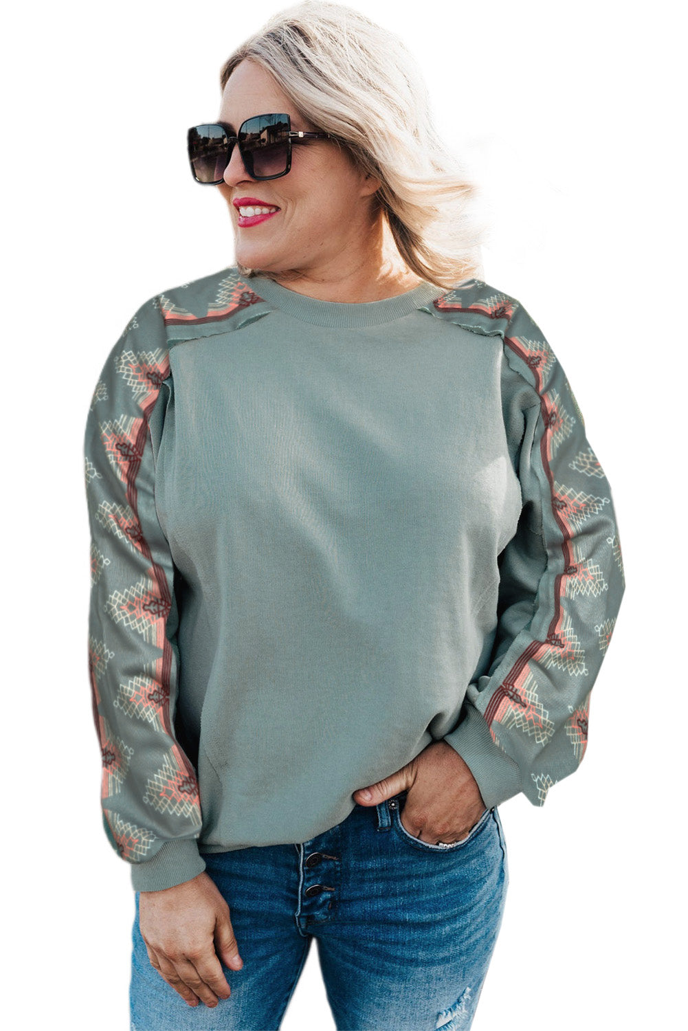 Sweat-shirt à manches longues et patchwork brodé bleu de grande taille