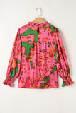 Rose Abstract Print Frilly Neckline Puff Sleeve Blouse