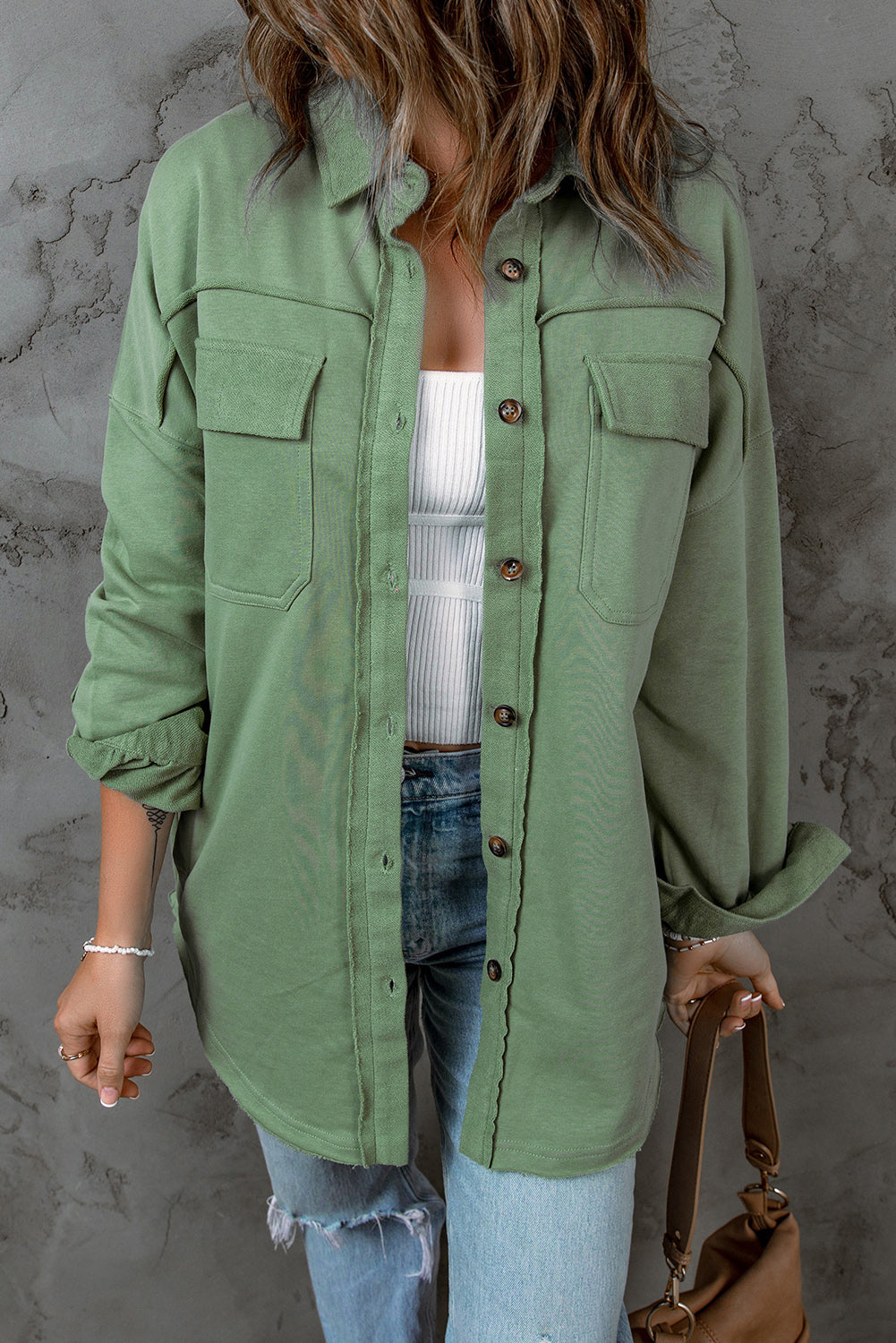 Buttoned Long Sleeve Pocketed Shirt Jacket