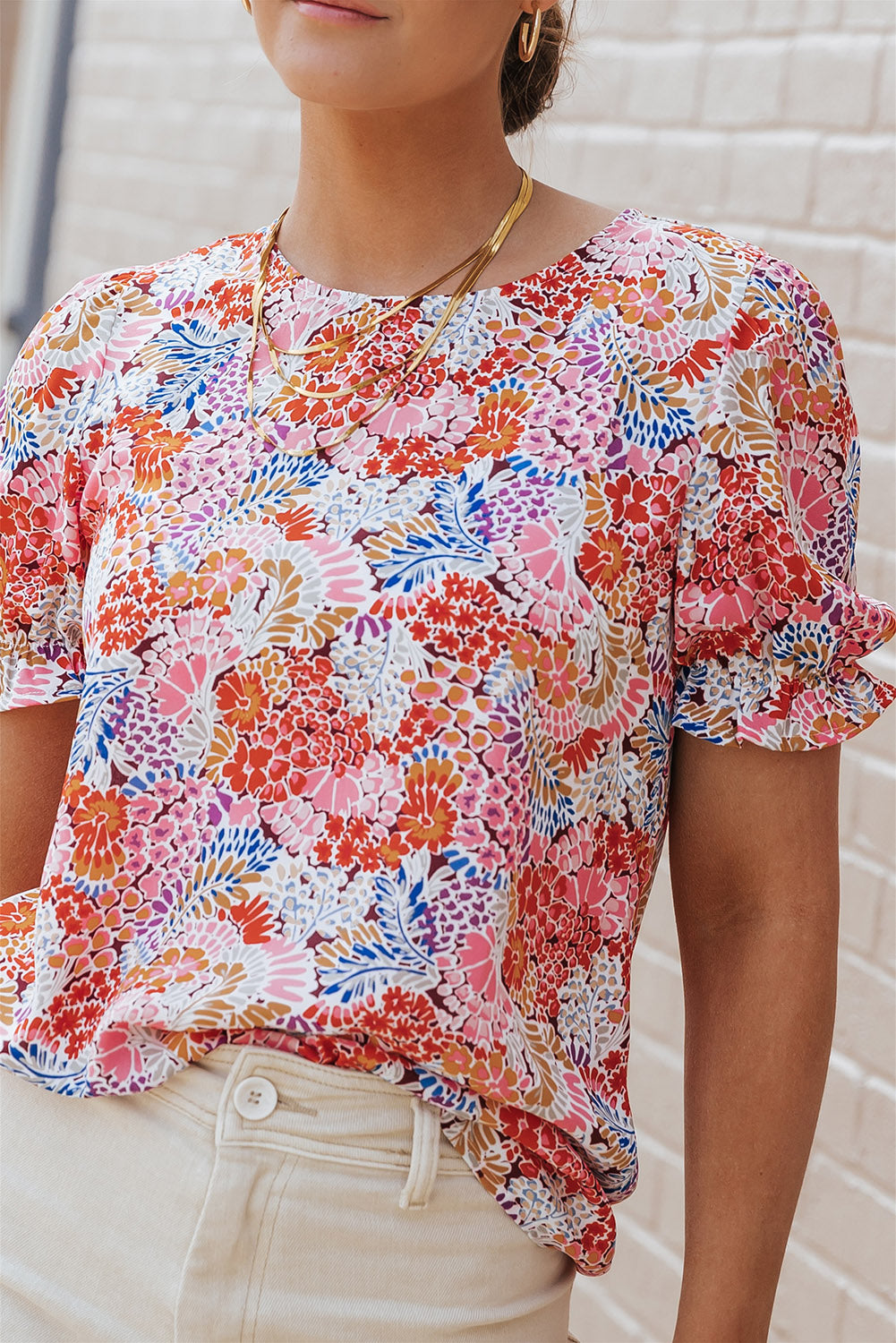 Blouse multicolore à col en V et manches longues à fleurs style bohème