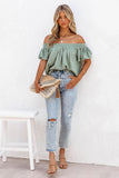 Off Shoulder Textured Ruched Ruffle Blouse