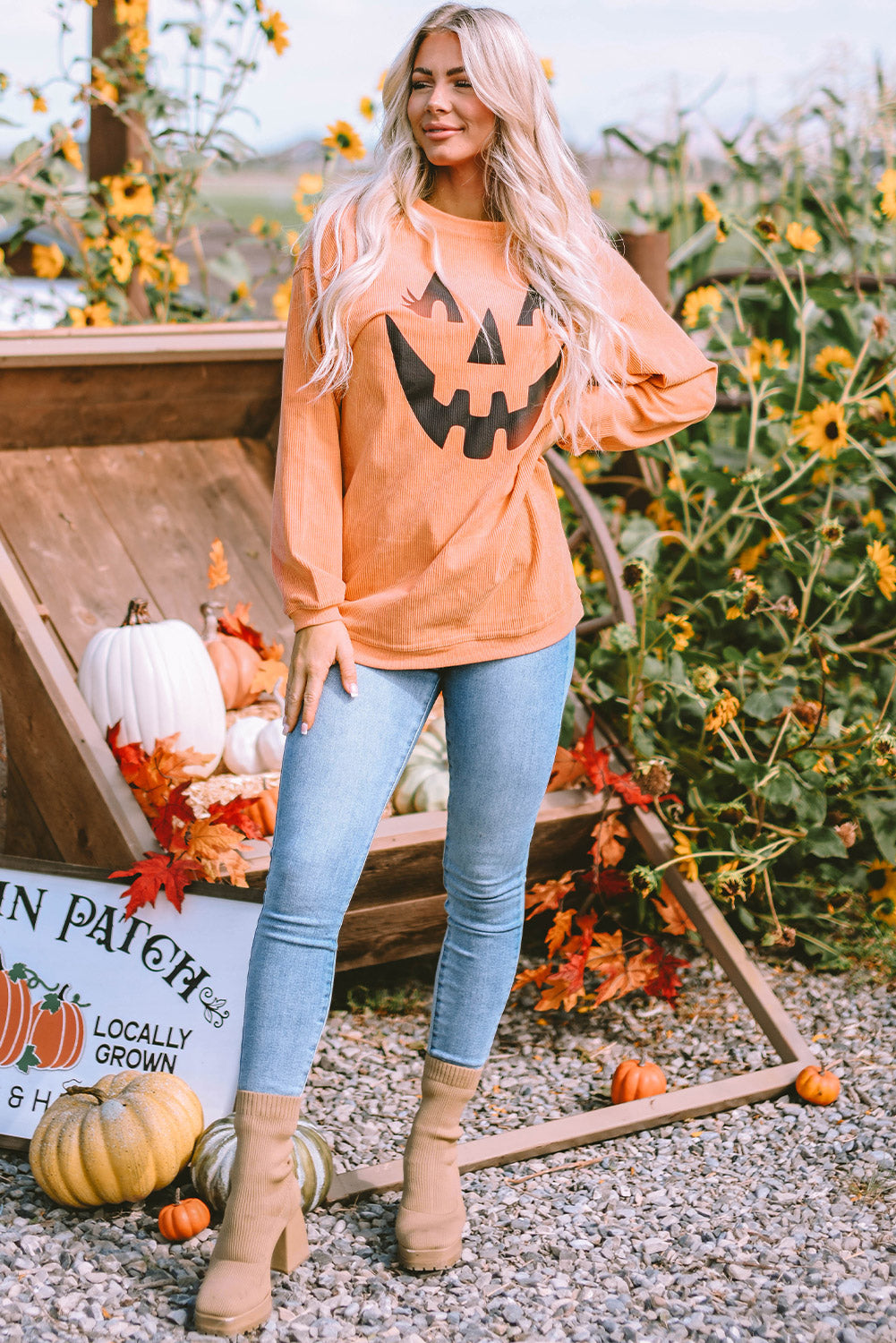 Orange Spooky Season Ghost Print Ribbed Pullover Sweatshirt