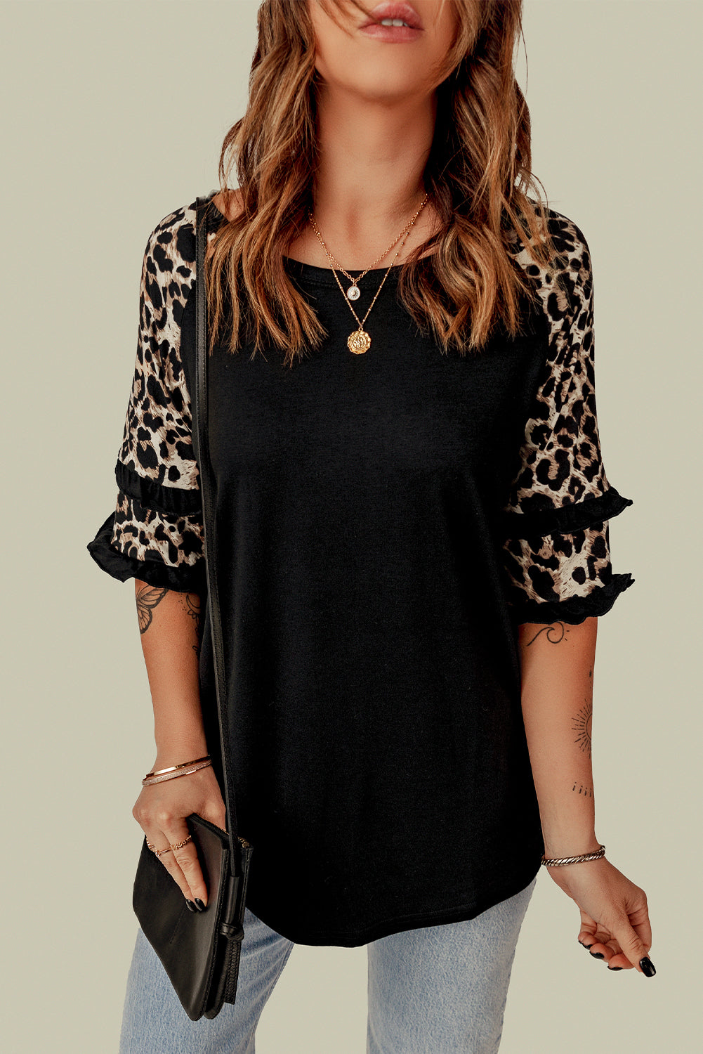 Ruffled Leopard Sleeve Patchwork Top