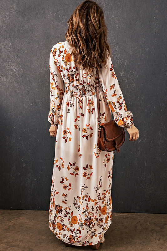 Leaf Print V Neck Puff Sleeve Maxi Dress