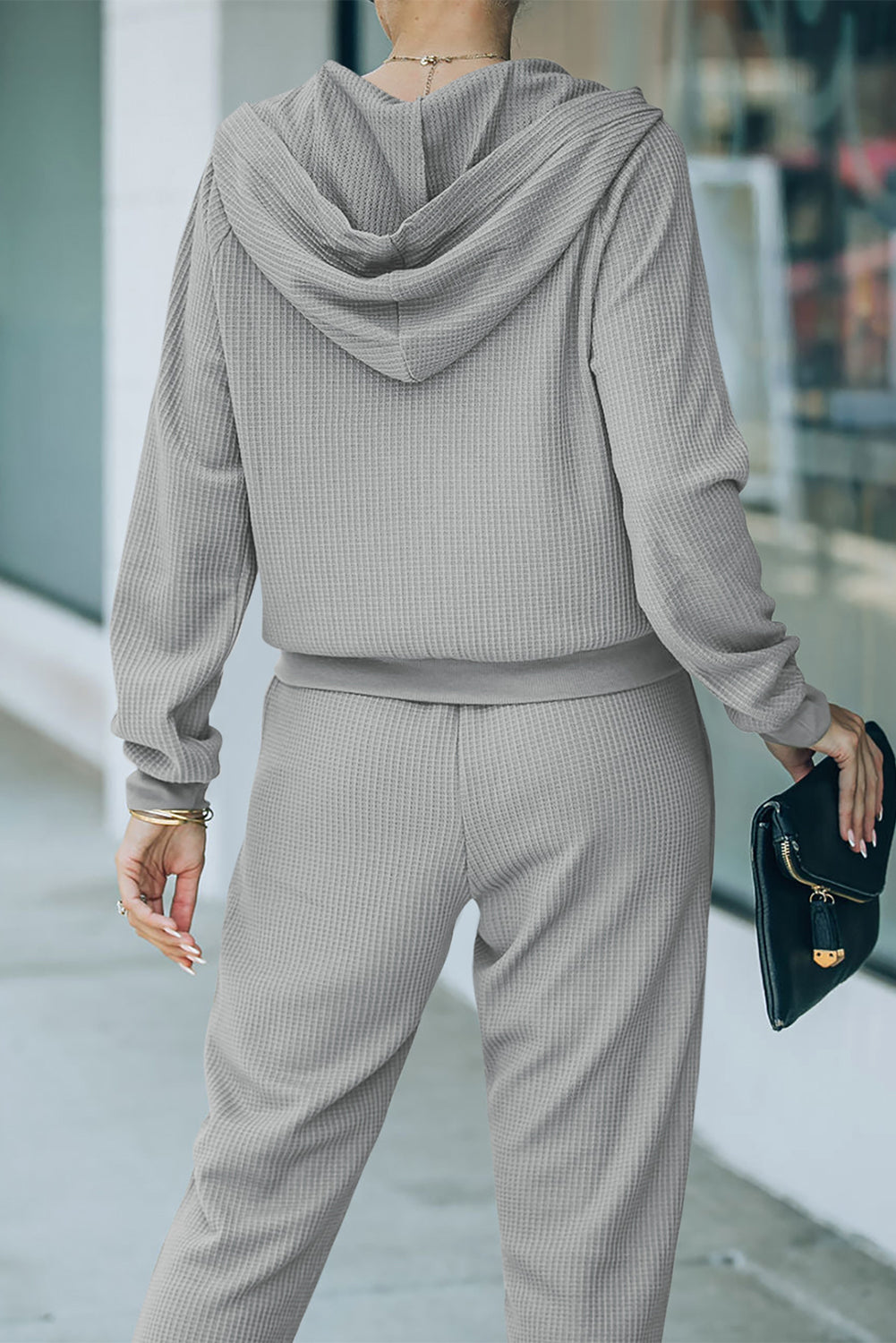 Waffle Knit Zip-Up Hoodie and Pants Athleisure Outfit