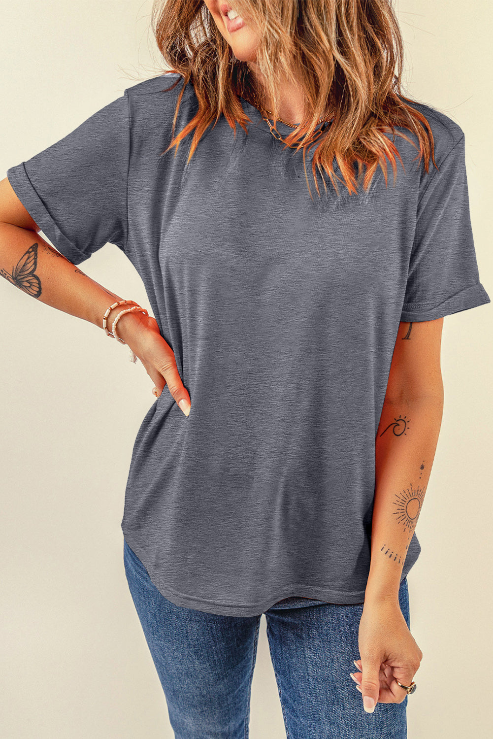 Khaki Casual Plain Crew Neck Tee