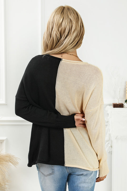 2-tone Color Block Raw Edge V Neck Sweater