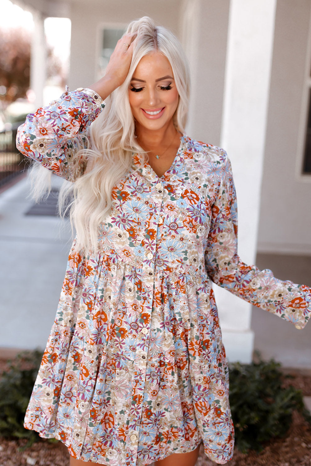 Split Neck Buttons Front Shirt Floral Dress