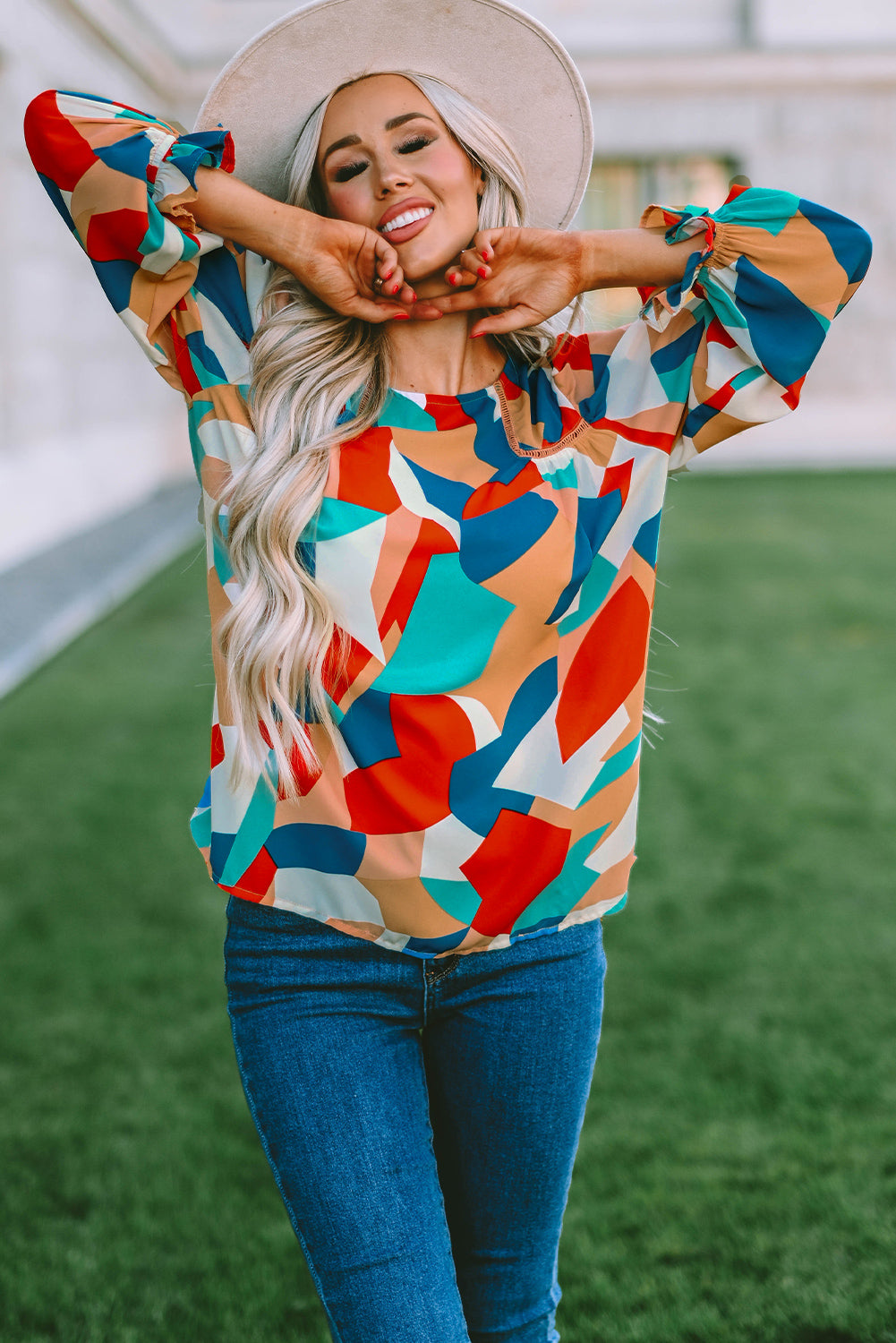 Abstract Pattern Crewneck Ruffled Puff Sleeve Blouse