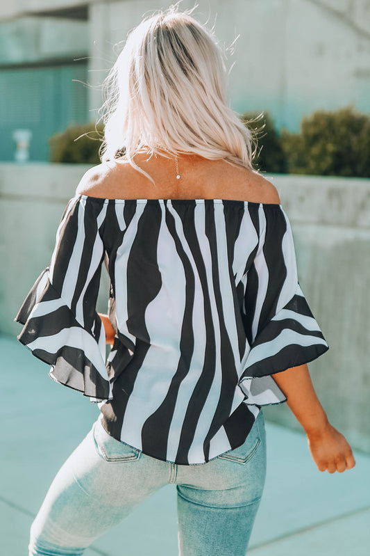 Off The Shoulder Vertical Stripes Blouse in Black