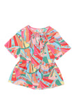 Abstract Geometry Print Half Puff Sleeve Loose Shirt