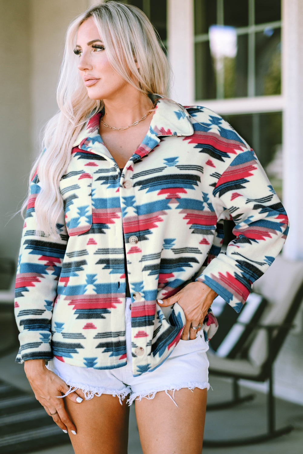 Aztec Print Button-up Turn Down Collar Shacket