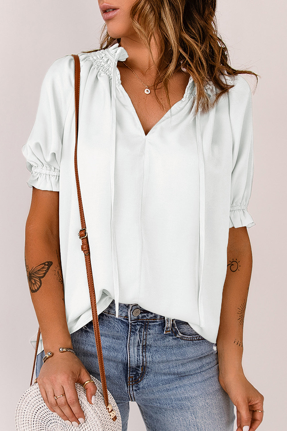 Split Frill Neck Puff Sleeve Blouse