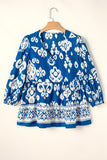 Blue Tribal Geometric Print 3/4 Sleeve Flowy Fit Blouse