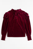 Red Mock Neck Puff Sleeve Velvet Blouse