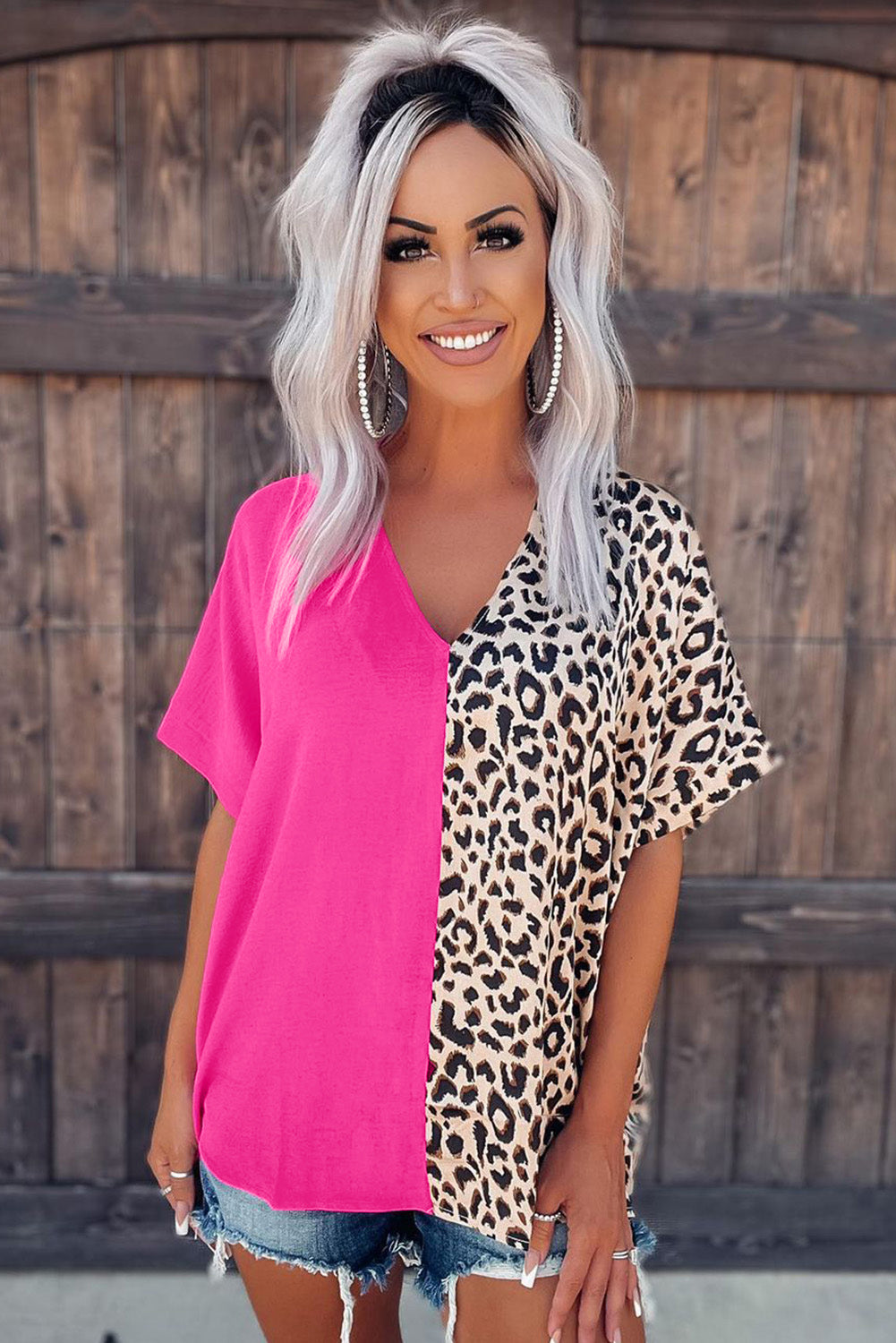 Leopard Color Block Roll Tab Sleeve V Neck Top