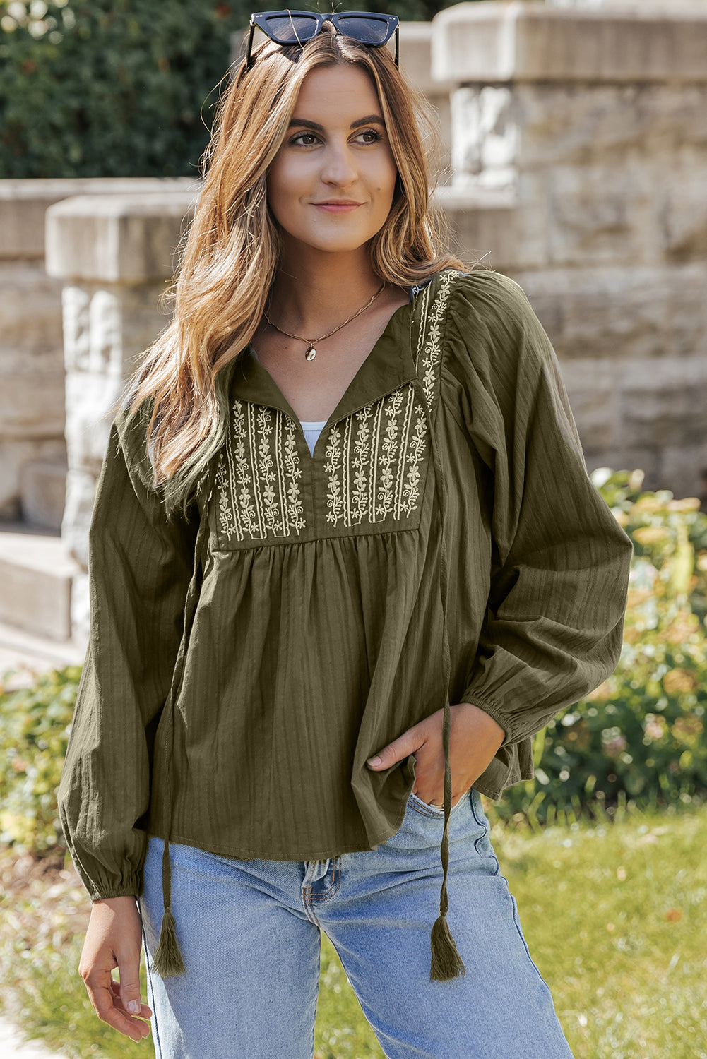 Green Embroidered Split Neck Pleated Loose Blouse