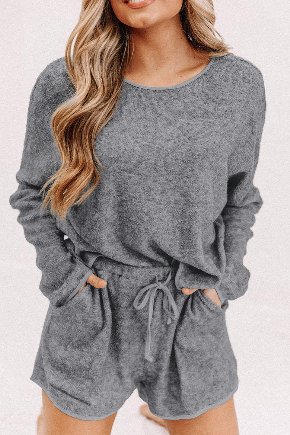 Long Sleeve Top and Drawstring Shorts Lounge Set