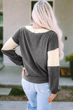 Brushed Contrast Knit V Neck Colorblock Long Sleeve Top