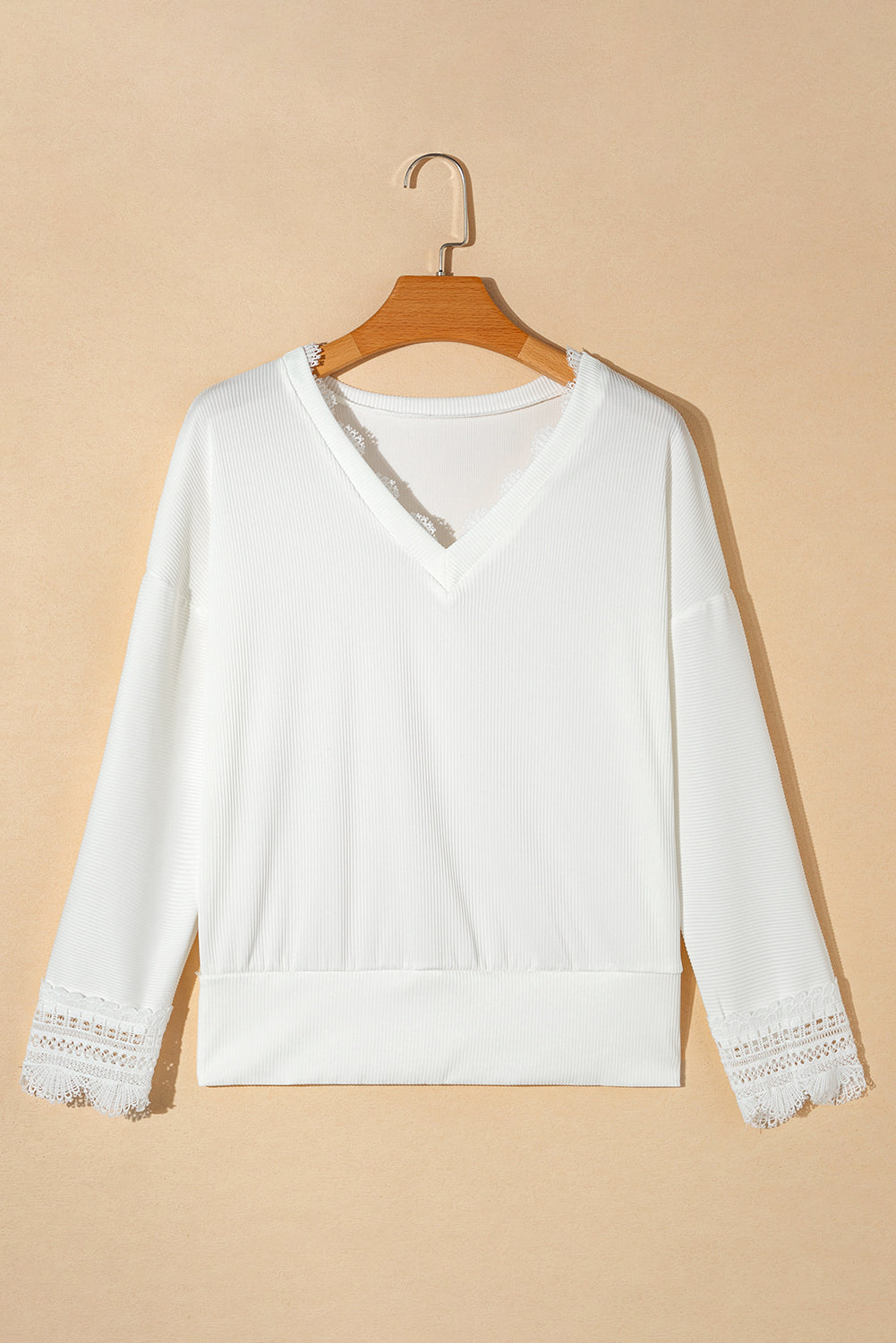 Ribbed Texture Lace Trim V Neck Long Sleeve Top