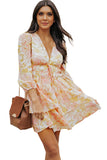 V Neck Long Sleeve Tiered Floral Dress