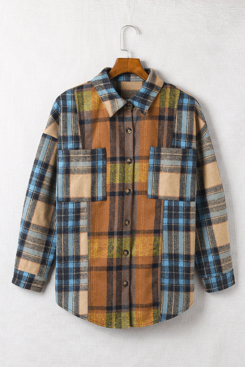 Plaid Color Block Buttoned Shirt with Pockets