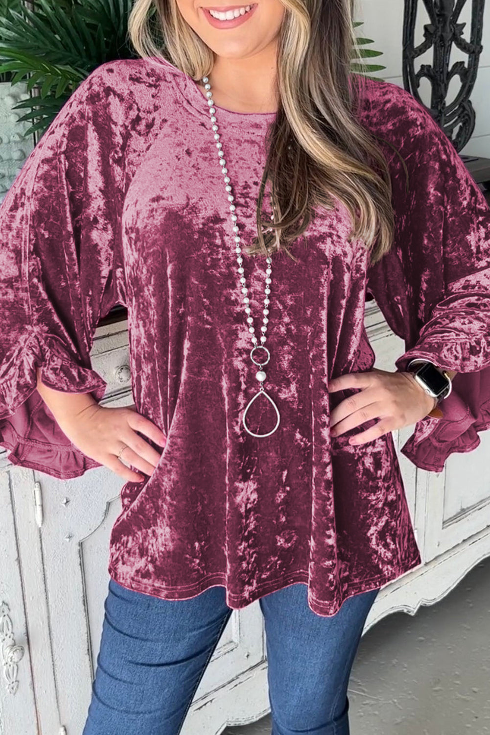 Red Dahlia Velvet Pagoda Sleeve Crew Neck Top