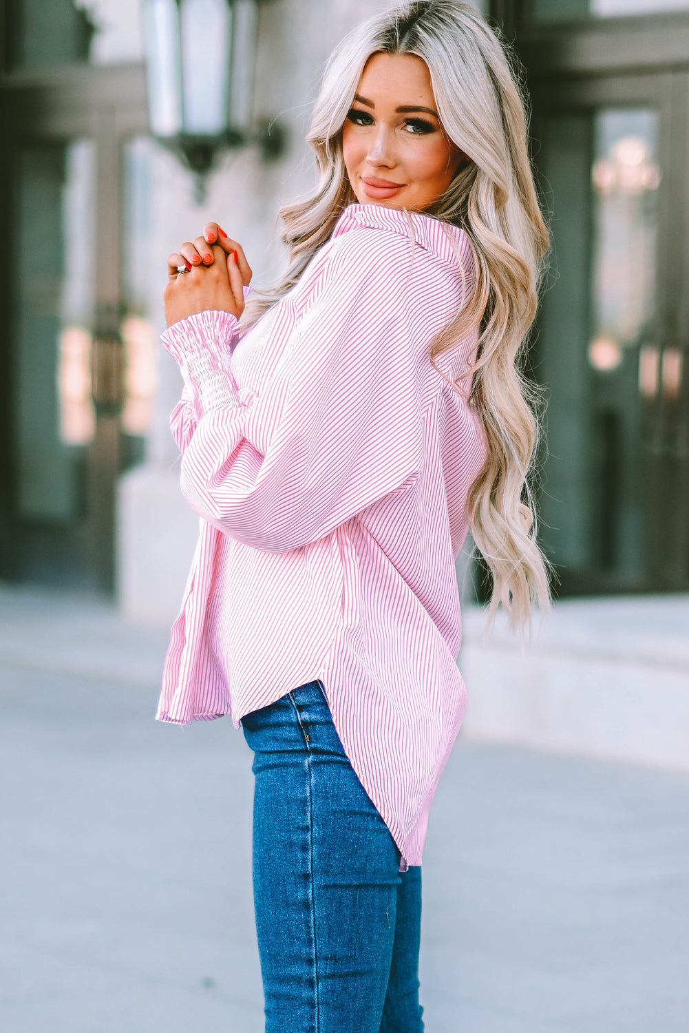 Smocked Cuffed Striped Boyfriend Shirt with Pocket