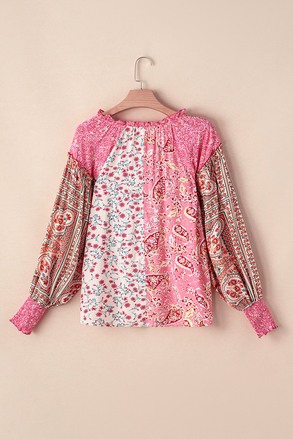 Pink Mixed Floral Printed Puff Sleeve V-Neck Shirt