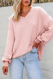 Orchid Petal Waffle V Neck Long Sleeve Drop Shoulder Loose Blouse