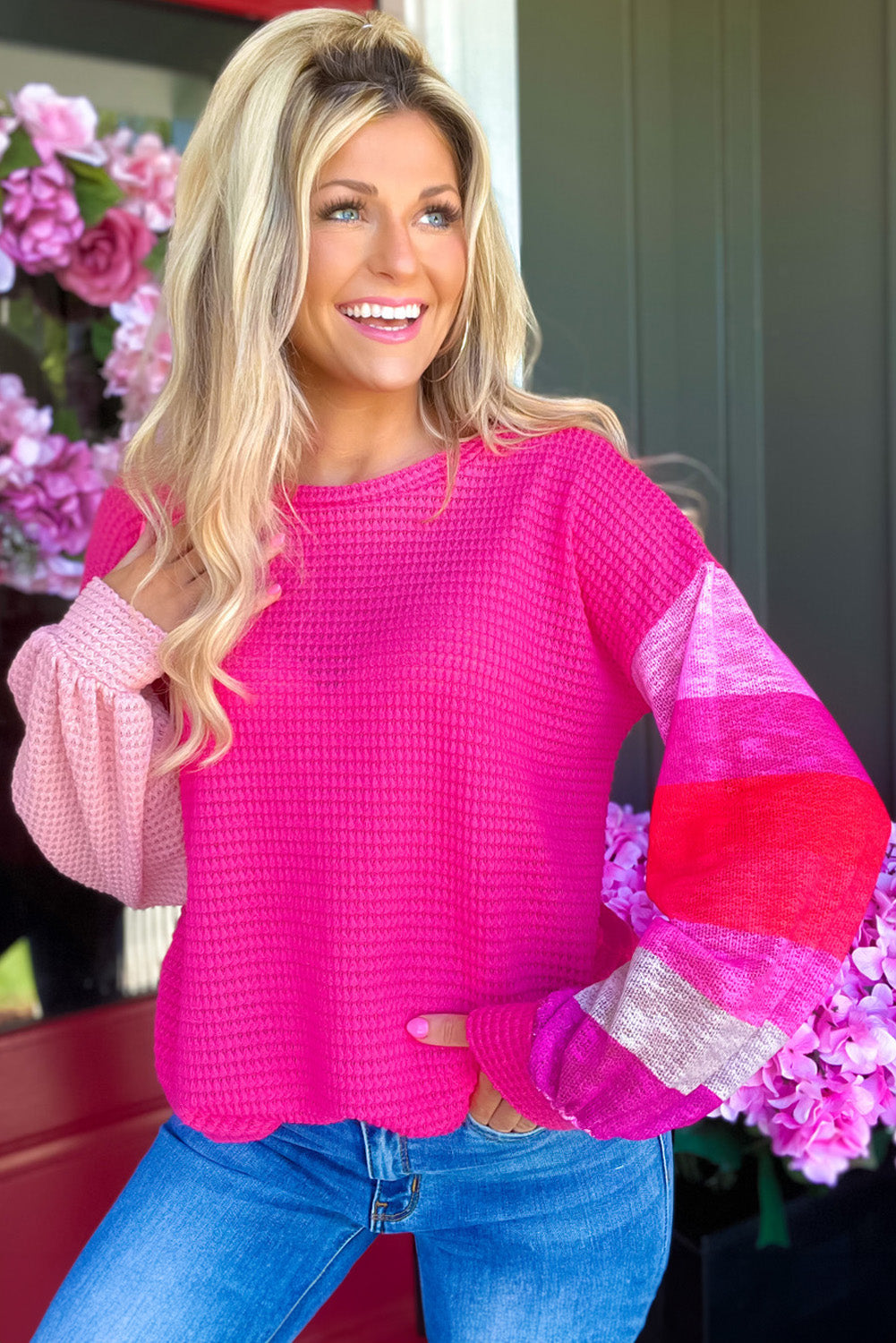 Rose Waffle Knit Color Block Patchwork Drop Shoulder Top