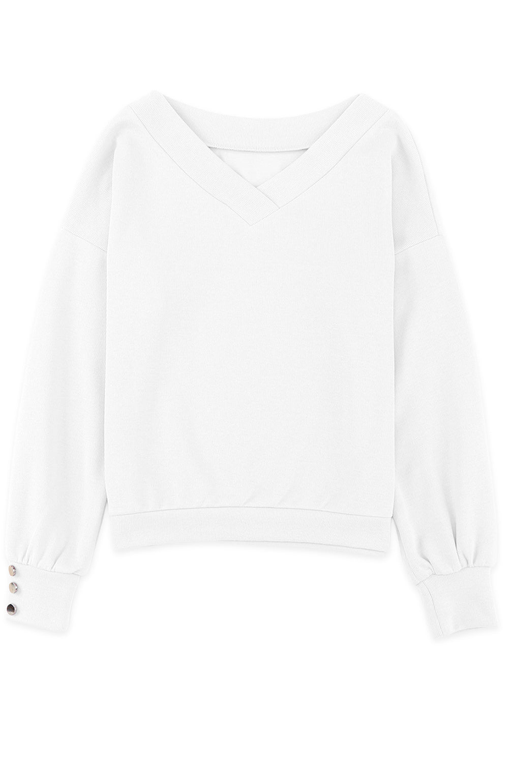 White Knitted V Neck Buttoned Cuffs Sweater