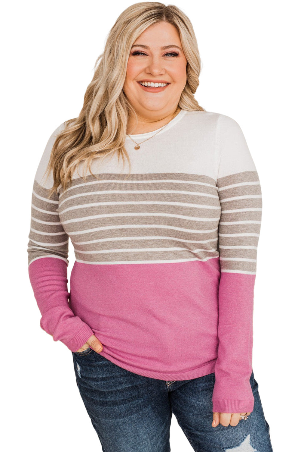 Plus Size Striped Patchwork Knit Sweater