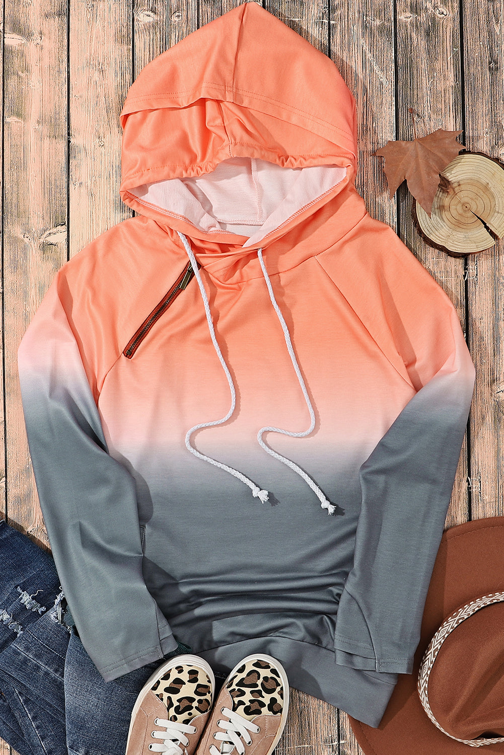 Gradient Thumbhole Sleeve Pocketed Zipper Hoodie