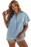 Split V-Neck Balloon Sleeve Ruched Denim Top