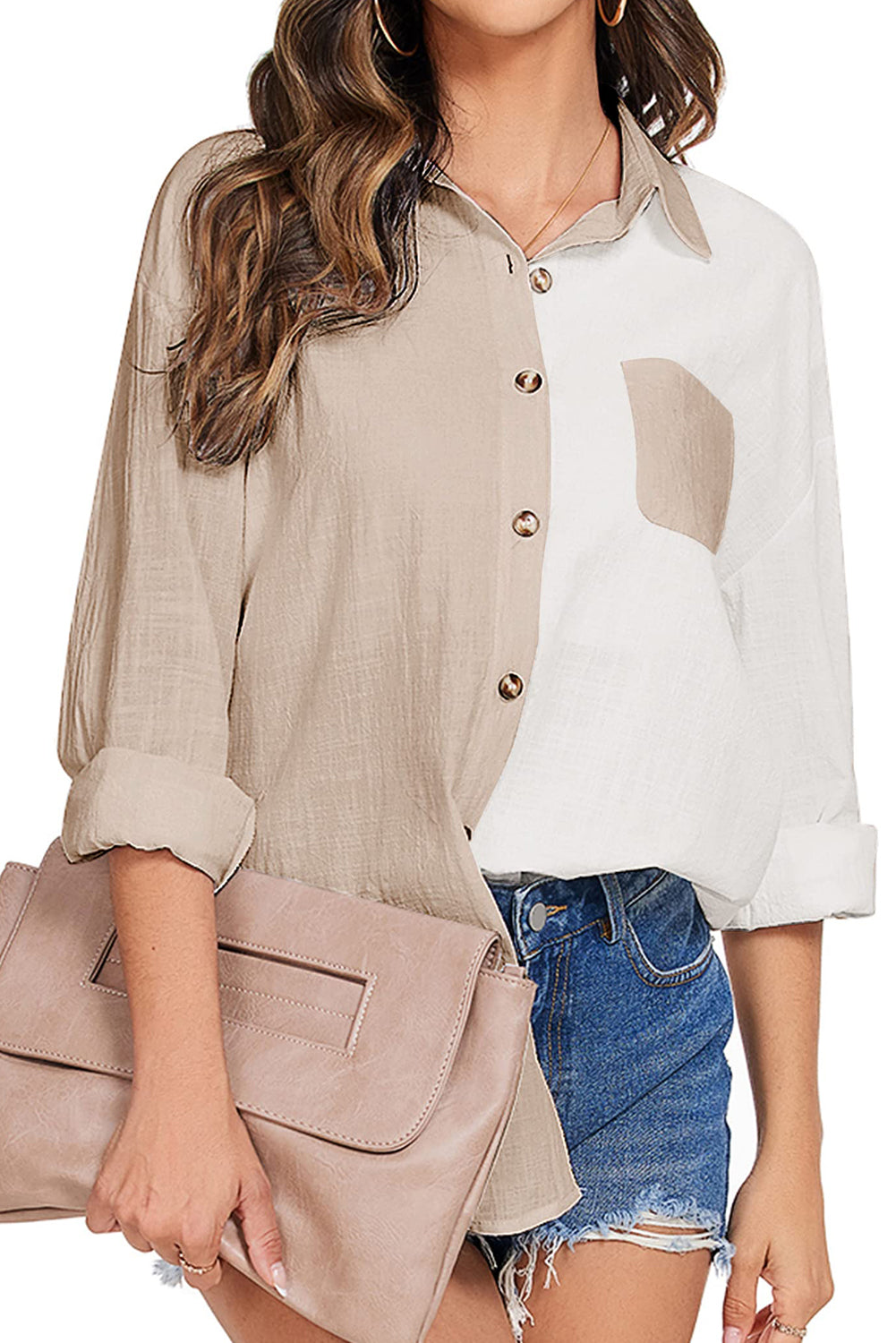 Colorblock Buttons Shirt-Collar Long Sleeve Pocket Blouse