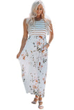 Striped Floral Print Sleeveless Maxi Dress with Pocket