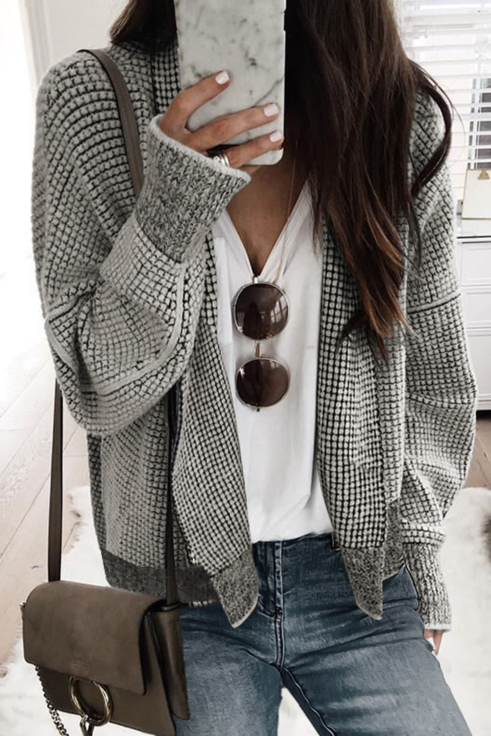 Gray Textured Knit Pocketed Duster Cardigan