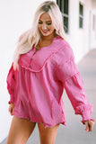 Pink Retro Frilled Seam Crinkle Puff Sleeve Blouse