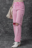 Pink High Waist Rhinestone Cutout Wide Leg Jeans