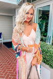 Bohemian Patchwork Print Drawstring Puff Sleeve Kimono