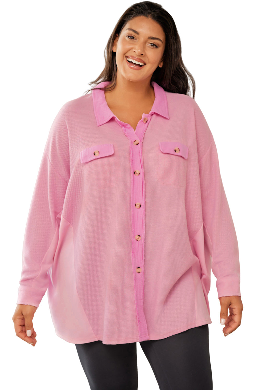 Plus Size Waffle Knit Exposed Seam Shirt