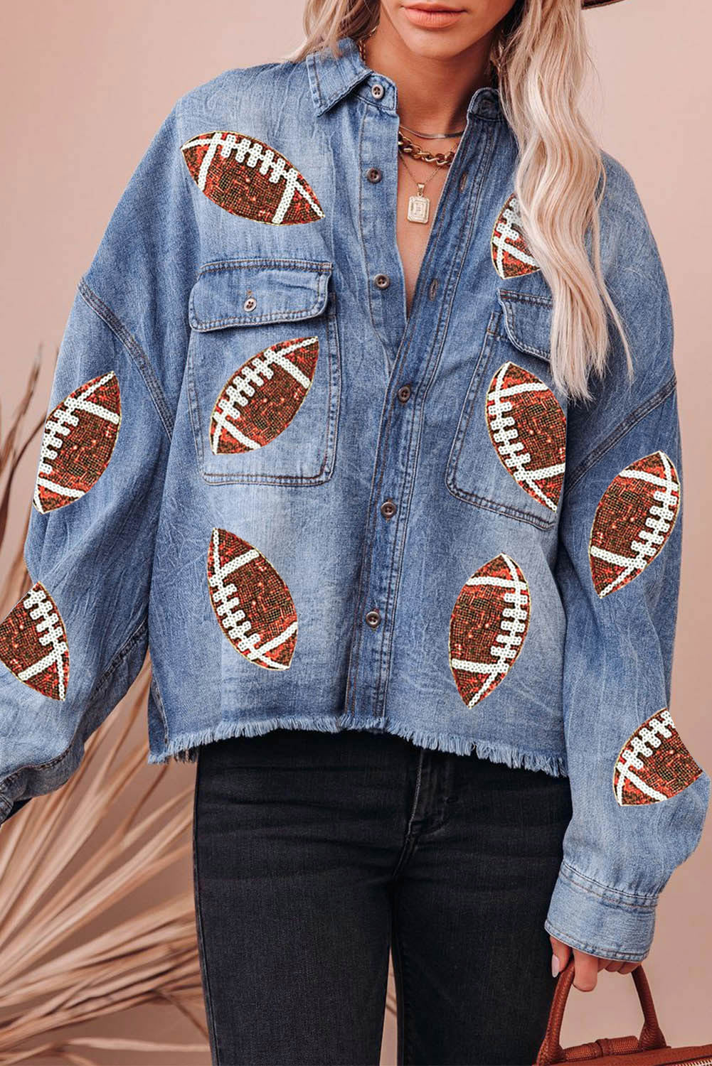 Sky Blue Sequin Rugby Football Graphic Flap Pockets Raw Hem Game Day Denim Jacket