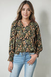 Plus Size Split Neck Ruffled Bubble Sleeve Floral Blouse