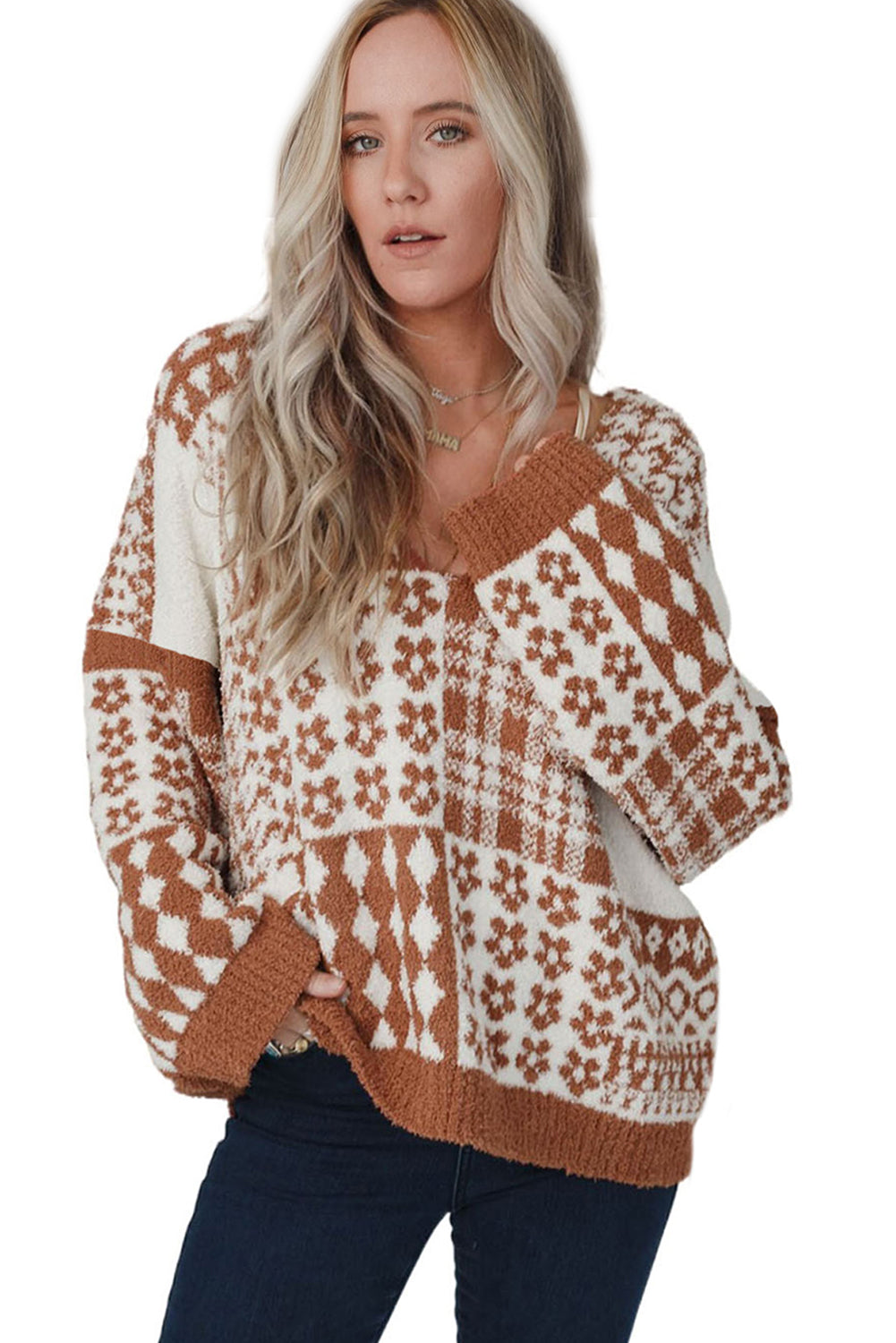 Mixed Pattern V-Neck Oversized Sweater