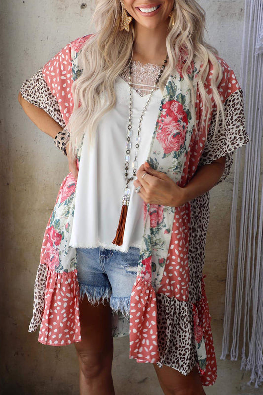 Kimono imprimé animal floral rose sauvage