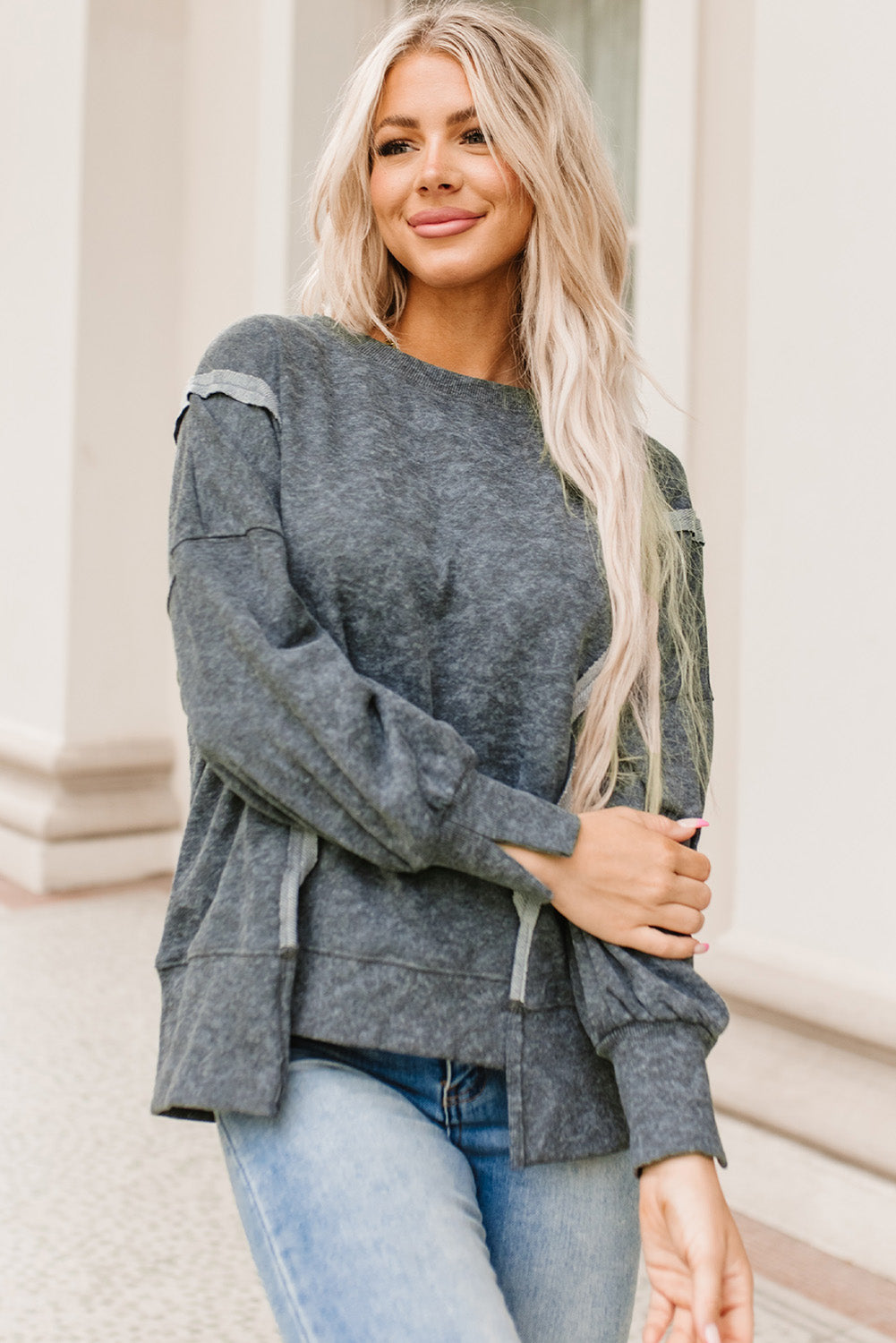 Acid Wash Relaxed Fit Seamed Pullover Sweatshirt with Slits