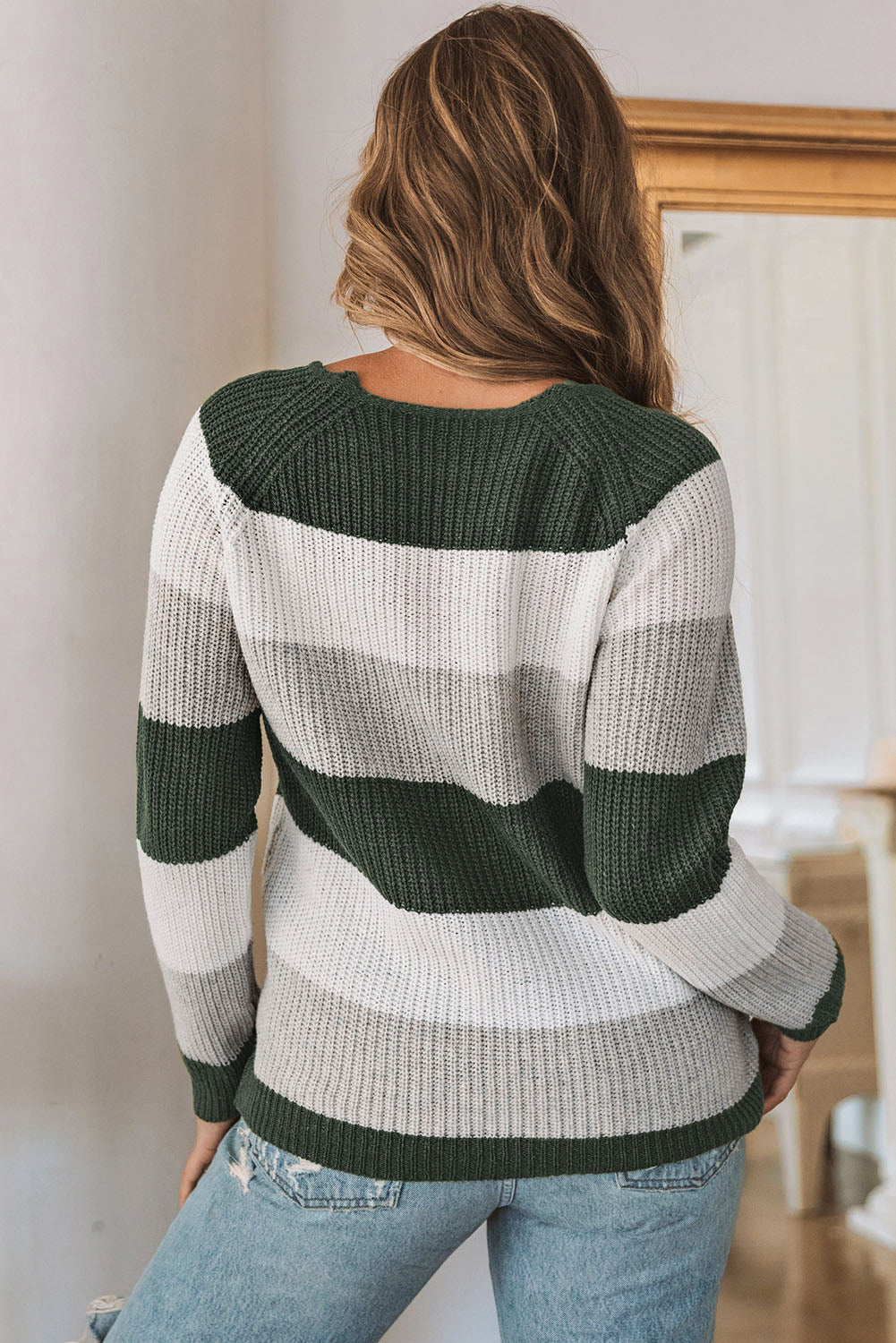 Chevron Color Block Striped Knit Pullover Sweater