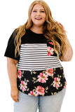 Plus Size Splicing Block Stripe Floral Short Sleeve Top