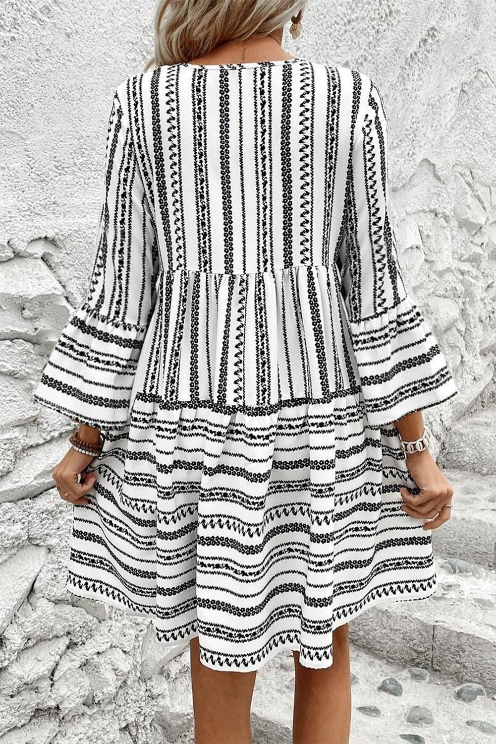 Black Stripe V Neck Bell Sleeve High Waist Mini Dress